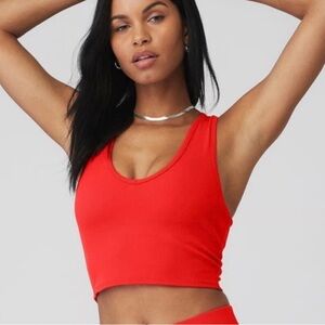 ALO Yoga Goddess Ribbed Cropped Racerback Tank in Red Hot Summer XS